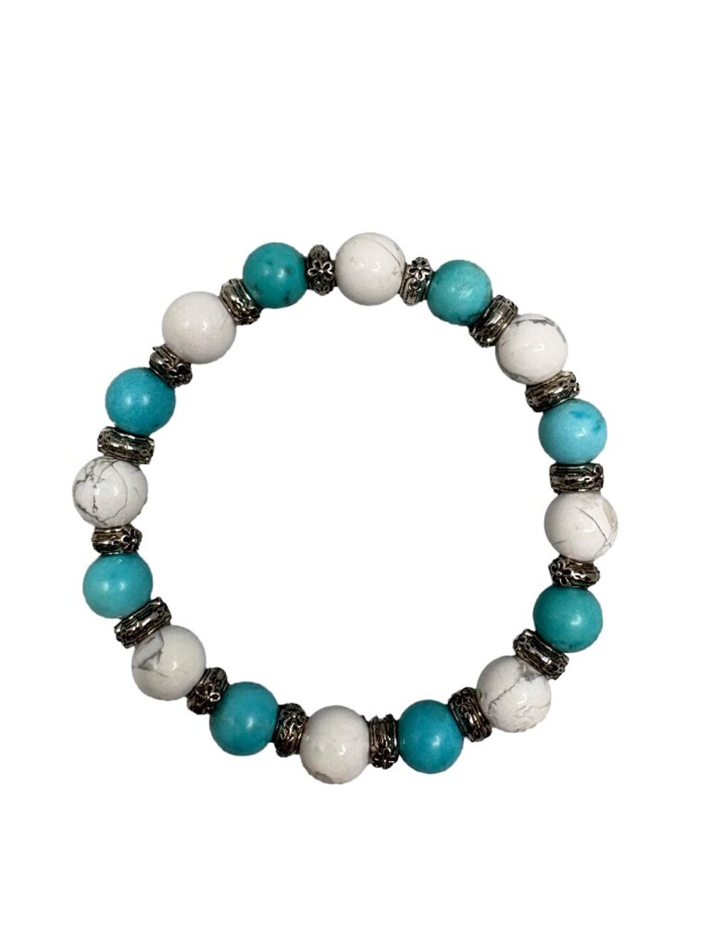 8mm Natural Blue Turquoise White Howlite Stone Stretch Beaded Bracelet Silver
